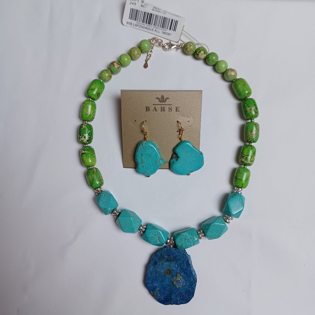 Barse Lime Turquoise Blue Statement Necklace And Turquoise Slab Earrings 55$